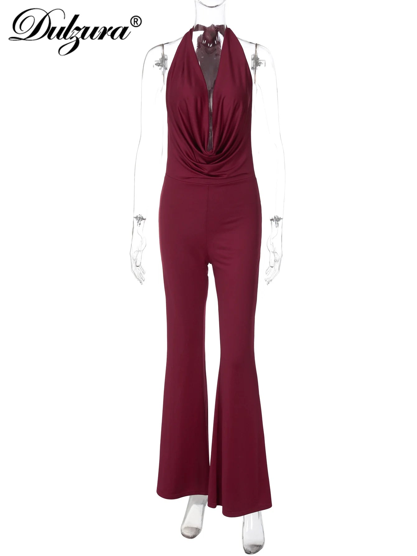 Dulzura Summer Solid Sexy Halter Swinging Collar Backless Slim Lace Up Flared Jumpsuit Women'S Fashion Elegant Party Club Romper.