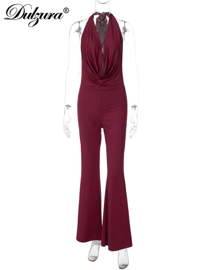 Dulzura Summer Solid Sexy Halter Swinging Collar Backless Slim Lace Up Flared Jumpsuit Women'S Fashion Elegant Party Club Romper.