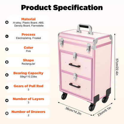 3 in 1 Rolling Makeup Case with Drawer, Large Makeup Case Organizers, Profesional Cosmetic Case for Salon Barber, Light Pink.