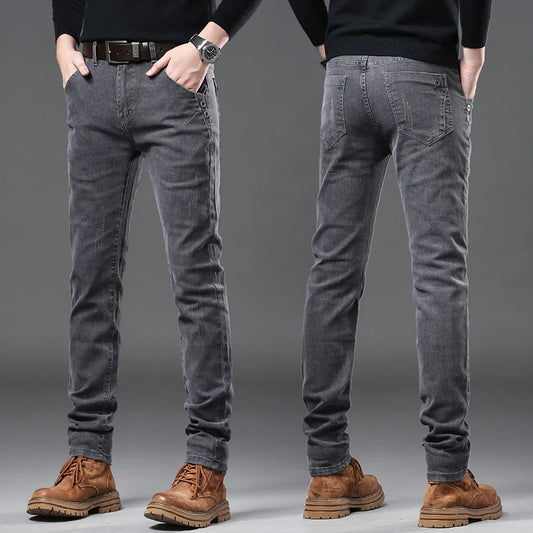 New Pure Gray Korean Slim Jeans Men's Stretch Tight Trendy Jean Trousers Branded Streetwear Comfortable Man Clothing Pants.