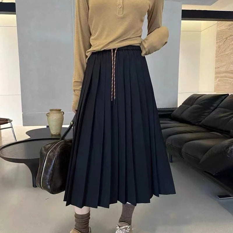 Autumn Women's Solid Color High Waist Pleated A Line Long Skirt Korean Fashion College Style Drawstring Lace-up Skirt 2024 Trend.