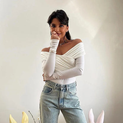 Fashion Solid Sexy Bodysuits Women Elegant Streetwear Long Sleeve Casual Slim Sheath Rompers Cross Folds T Shirts Tops.