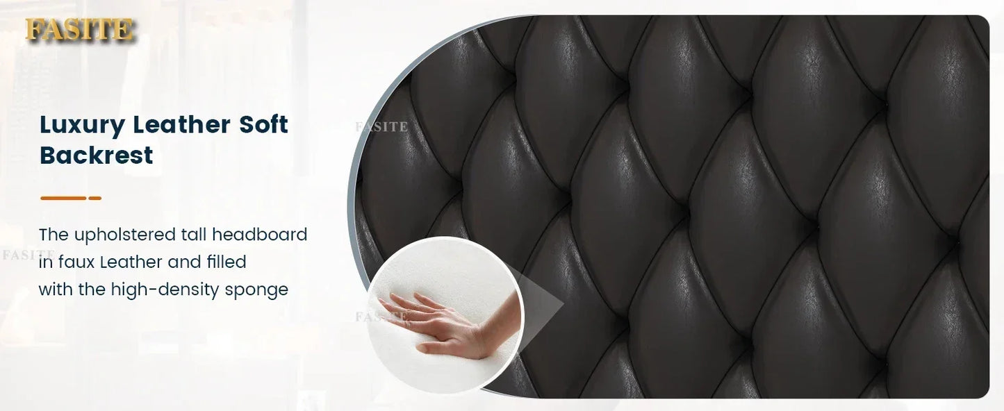 Gepolsterter Queensize-Bettrahmen aus PU-Leder mit tiefem, getuftetem Kopfteil und Kopfteilen für Schlafzimmer, schwarzer Plattform-Bettrahmen