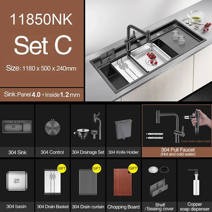 ASRAS New Nanometer Kitchen Sink Handmade Sink 4mm Thickness 240mm Depth Large Size Single Kitchen Sink With Drain Plate Sinks
