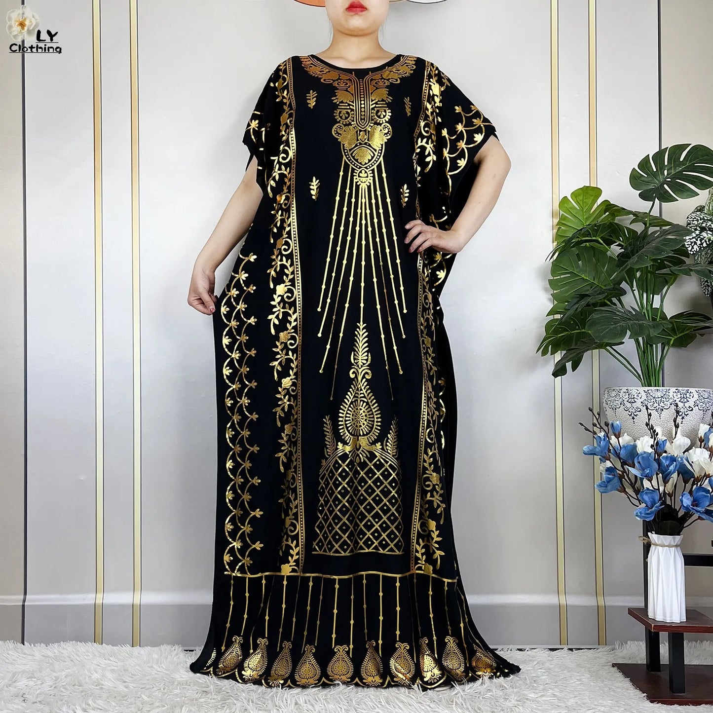 2023 New Muslim Summer Short Sleeve Robe Gold Stamping Boubou Maxi Women Femme Loose Dress With Big Scarf African Abaya Clothes.