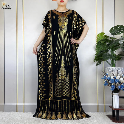 2023 New Muslim Summer Short Sleeve Robe Gold Stamping Boubou Maxi Women Femme Loose Dress With Big Scarf African Abaya Clothes.