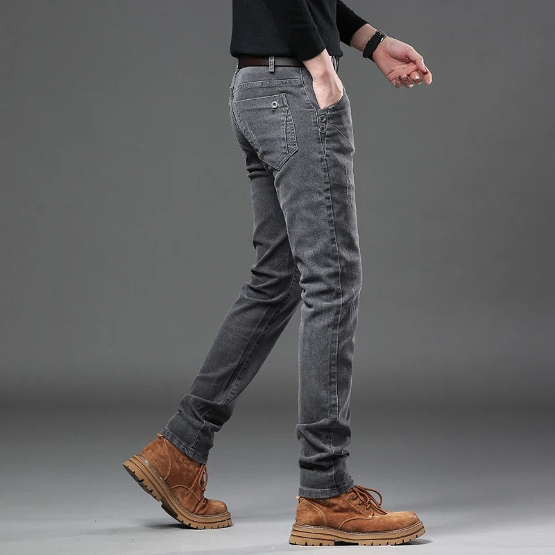 New Pure Gray Korean Slim Jeans Men's Stretch Tight Trendy Jean Trousers Branded Streetwear Comfortable Man Clothing Pants.