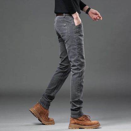 New Pure Gray Korean Slim Jeans Men's Stretch Tight Trendy Jean Trousers Branded Streetwear Comfortable Man Clothing Pants.