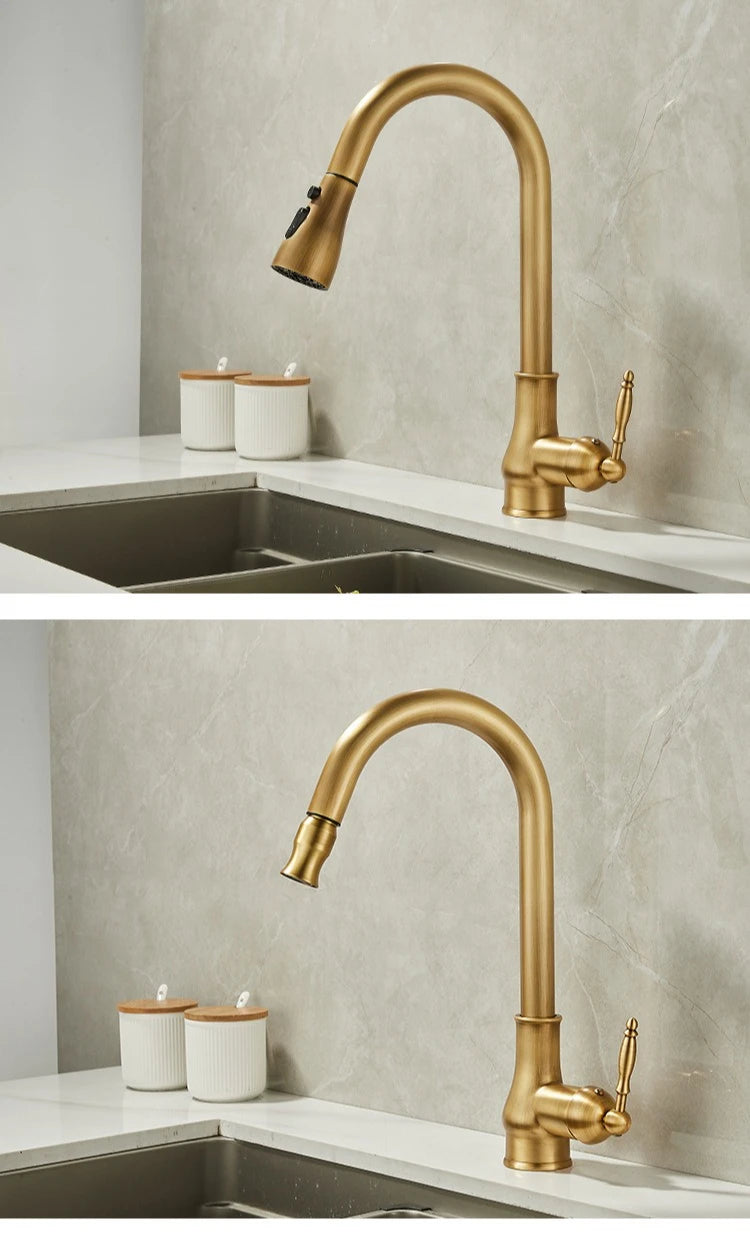 Antique Brass Kitchen Faucet Pull Out Spout Kitchen Faucets Black Single Hole Swivel Hot Cold Water Kitchen Mixers Taps
