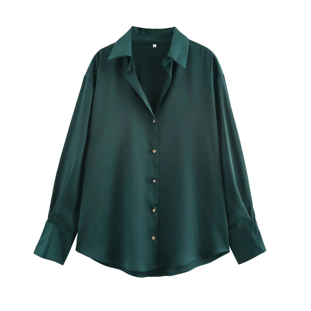 Women's Chic Lapel Collar Blouse Long Sleeve Button-Up Fashion Flowing Top Elegant Female Shirt Office.