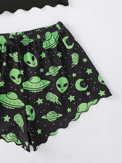 Sommer-Pyjamas für Damen, sexy Alien-Druck, Schlinge, Nachtwäsche, V-Ausschnitt, Pyjama, Homewear, ärmellos, niedliches Top und Shorts-Sets