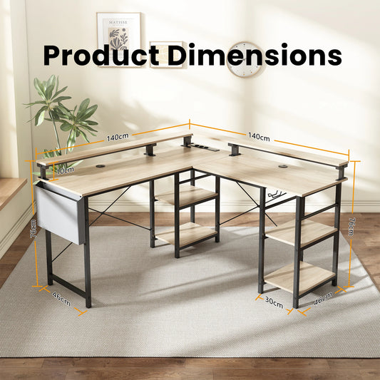 Großer Eckschreibtisch L-Form mit Regal, Monitorständer, Ablage, flexibel montierbar, Beige