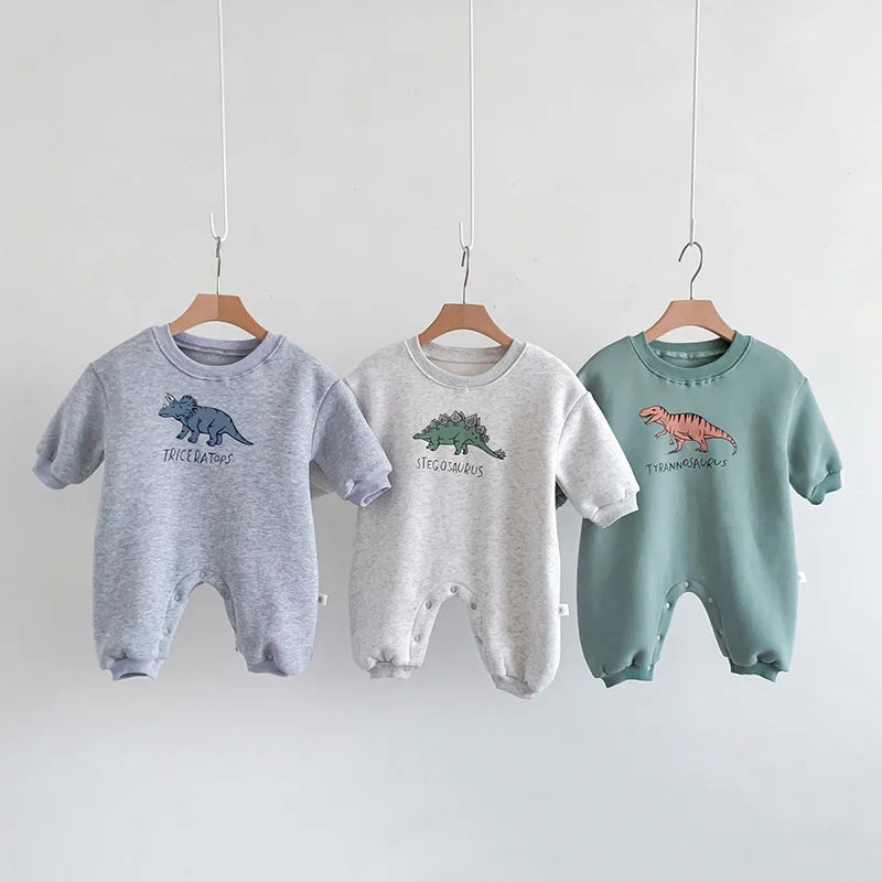 Neuankömmling Cartoon Dino Print Baby Neugeborenen Stram pler Säuglings mädchen Overalls Langarm Jungen Kleidung ein Stück.