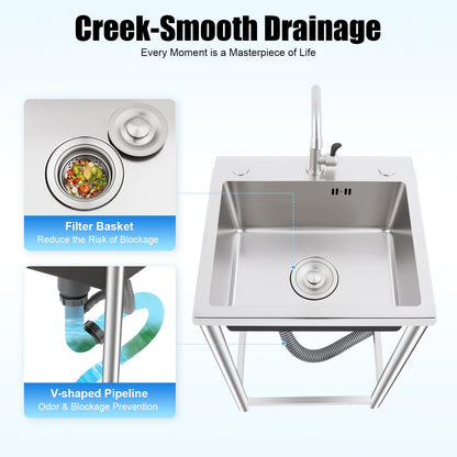 Stainless Steel Utility Sink Single Bowl 110 Lbs Free Standing Kitchen Sink with 360 ° Rotatable Faucet for Kitchens Bathrooms