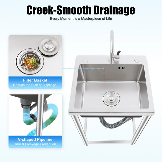 Stainless Steel Utility Sink Single Bowl 110 Lbs Free Standing Kitchen Sink with 360 ° Rotatable Faucet for Kitchens Bathrooms