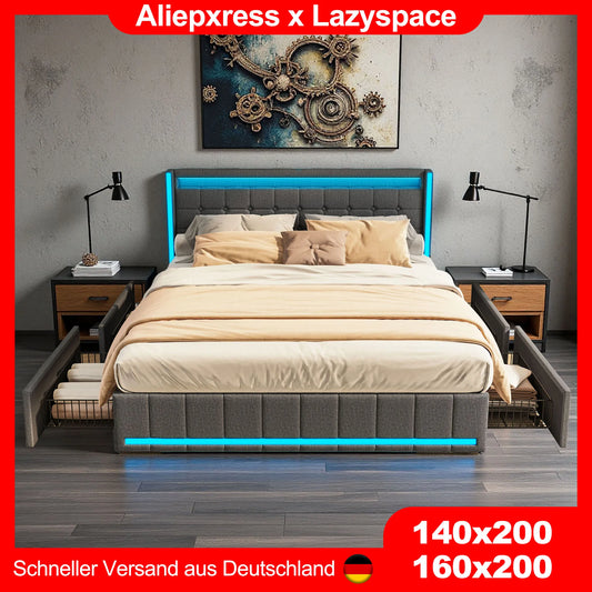 Lazyspace Leinen-Polsterbett mit 4 Schubladen, moderner Doppelbettrahmen mit LED-Beleuchtung und USB-Ladeanschluss, funktionelles Bett