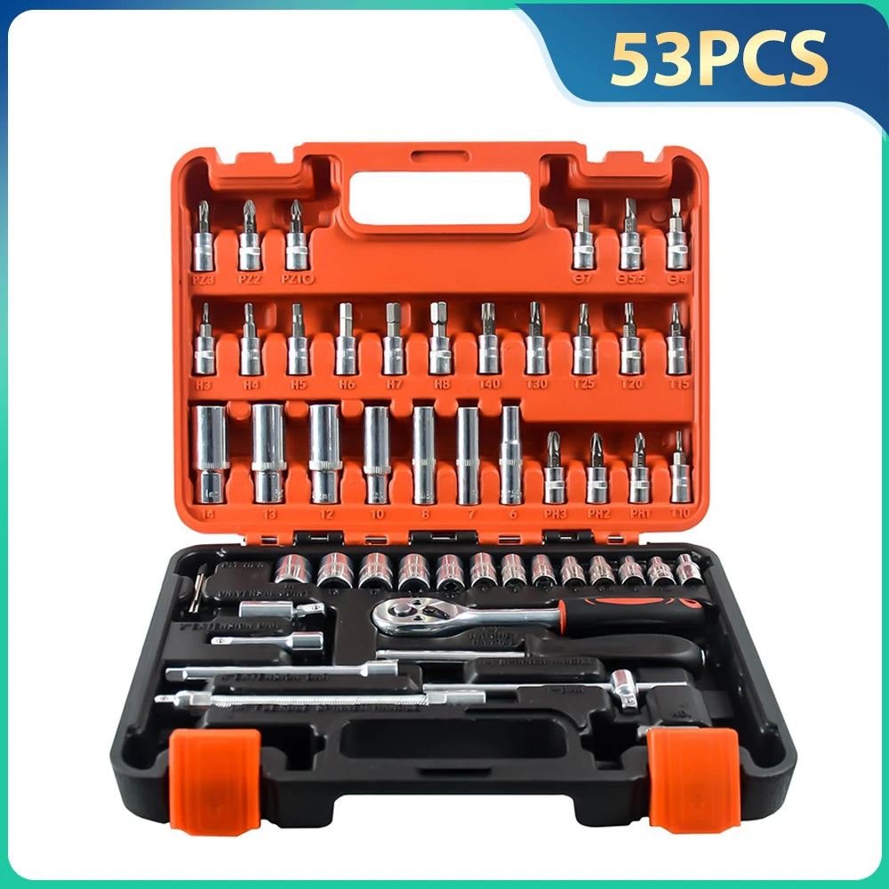 Hikity 53 Stück 1/4-Zoll-Antriebs-Steckschlüssel-Ratschenschlüssel-Werkzeug für die Reparatur von Autoreparaturen, Ratschen-Drehmomentschlüssel, Kombi-Reparaturwerkzeug