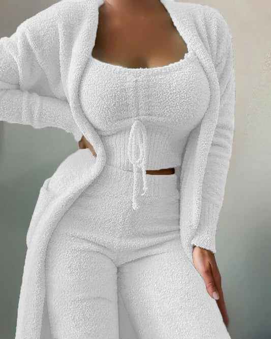 Women's Winter New Fashion Plush Pajamas Three-piece Set，Halter Short Top+high-waisted Straight-leg Pants+long Cardigan Jacket.