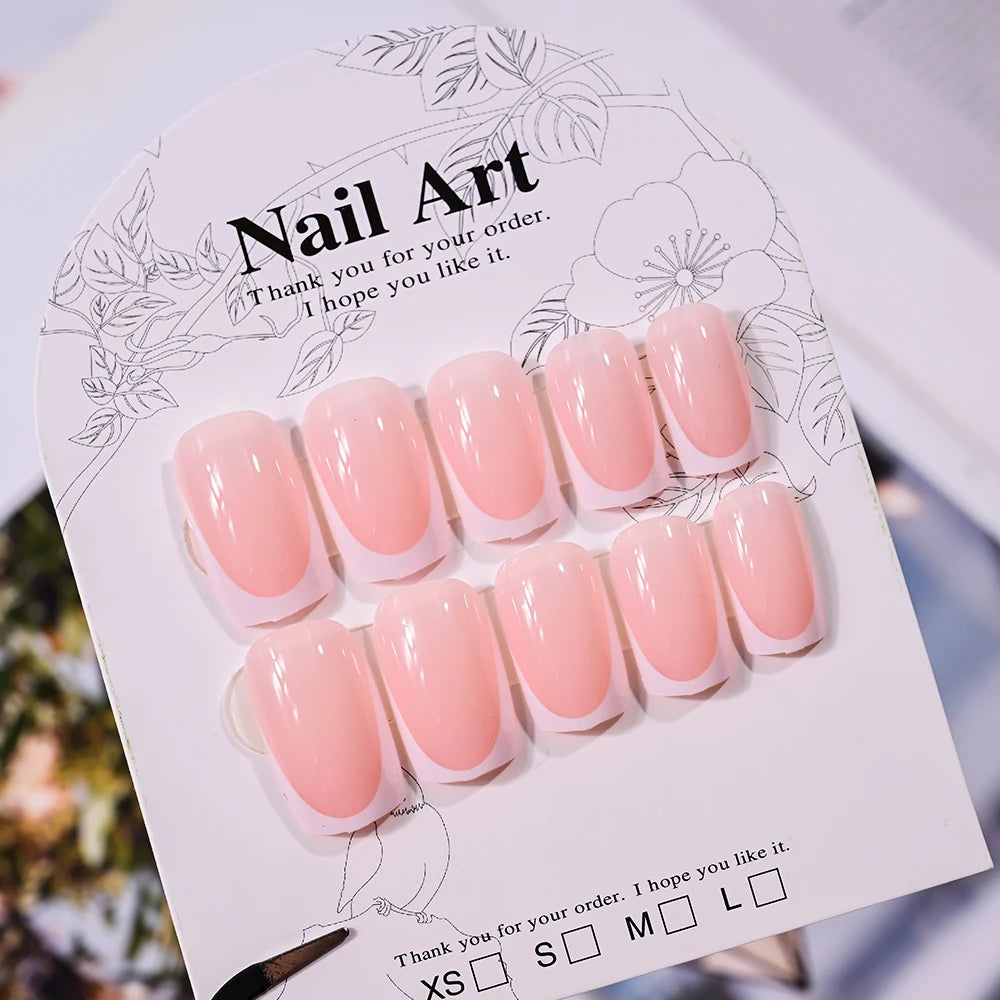 24pcs(+Tools) Pearl Bow Nude Pink Press On Nails White French Fingertips Almond Full Cover Fasle Nails New Year Nail Accessories