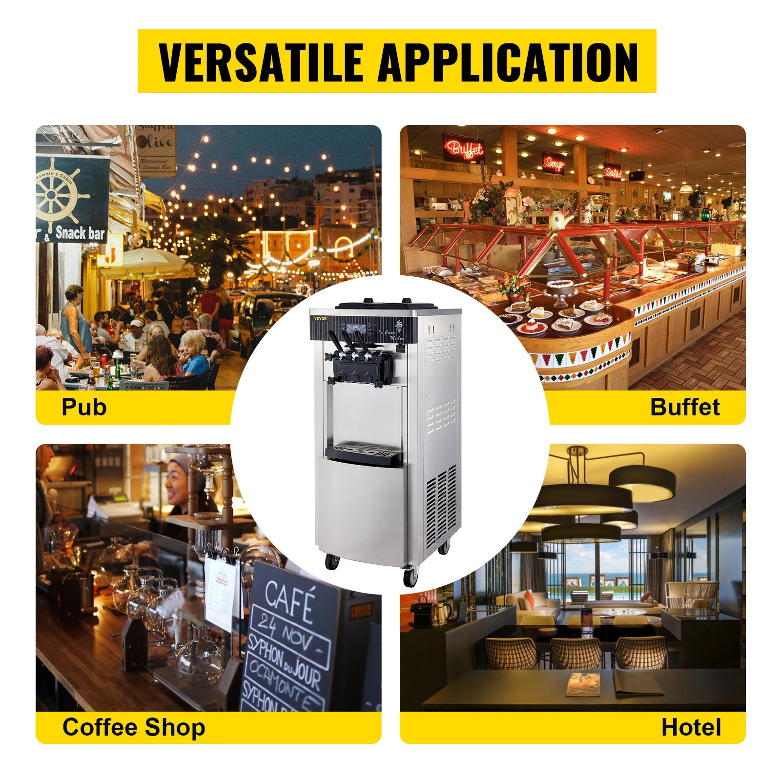 VEVOR Commercial Soft Ice Cream Machine,2200W 3 Flavors Ice Cream Maker,5.3 to 7.4 Gal per/H Auto Clean LCD Panel for Restaurant.