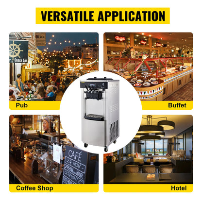 VEVOR Commercial Soft Ice Cream Machine,2200W 3 Flavors Ice Cream Maker,5.3 to 7.4 Gal per/H Auto Clean LCD Panel for Restaurant.