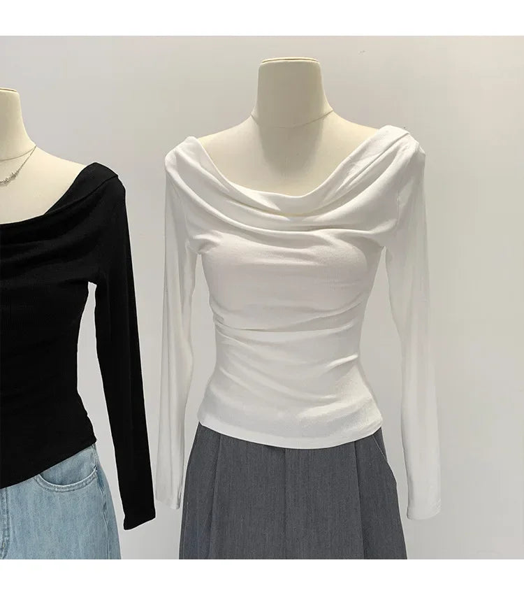 Off-The-Shoulder Long Sleeve T-Shirt Women's Early Autumn New Slimming Design Korean Style Sweet And Spicy Fashion Tops.