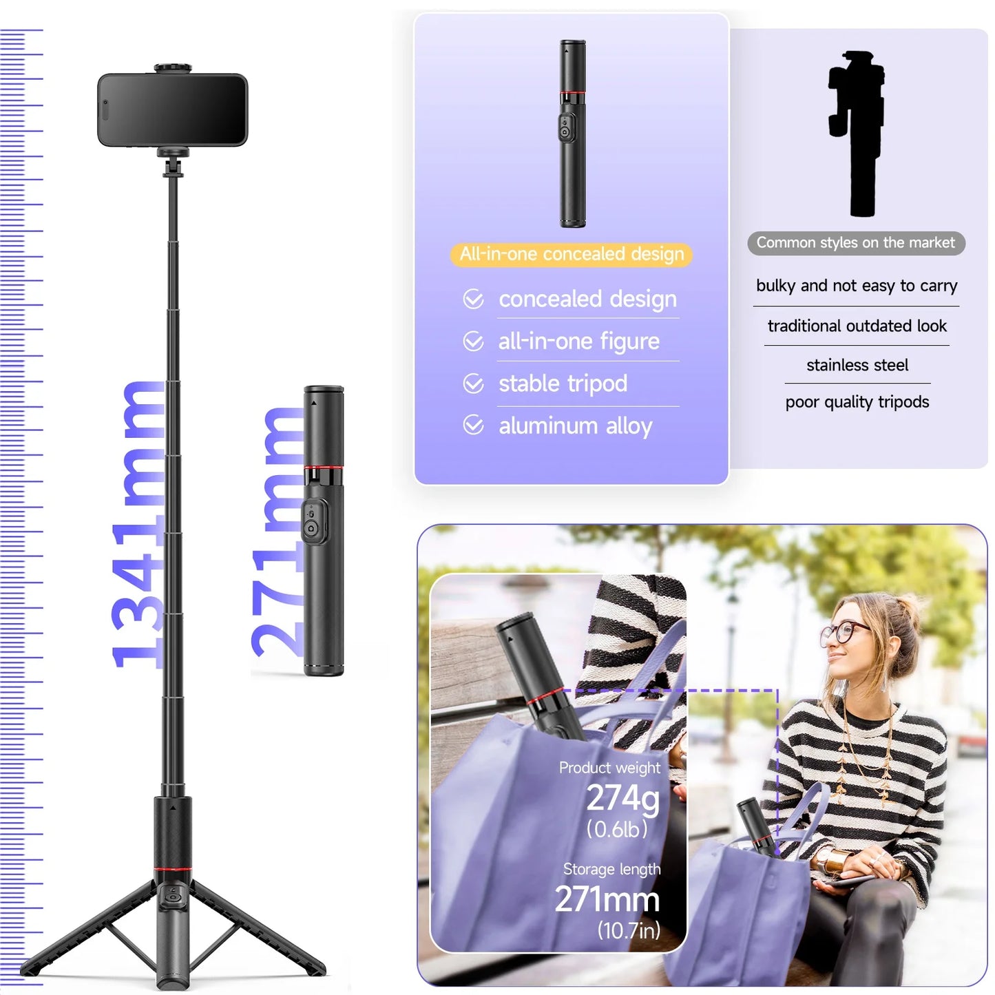 Selfie Stick for iPhone Phone 52" Wireless Selfie Stick Tripod Stand with Remote for Cellphone Video Recording Travel Vlog.