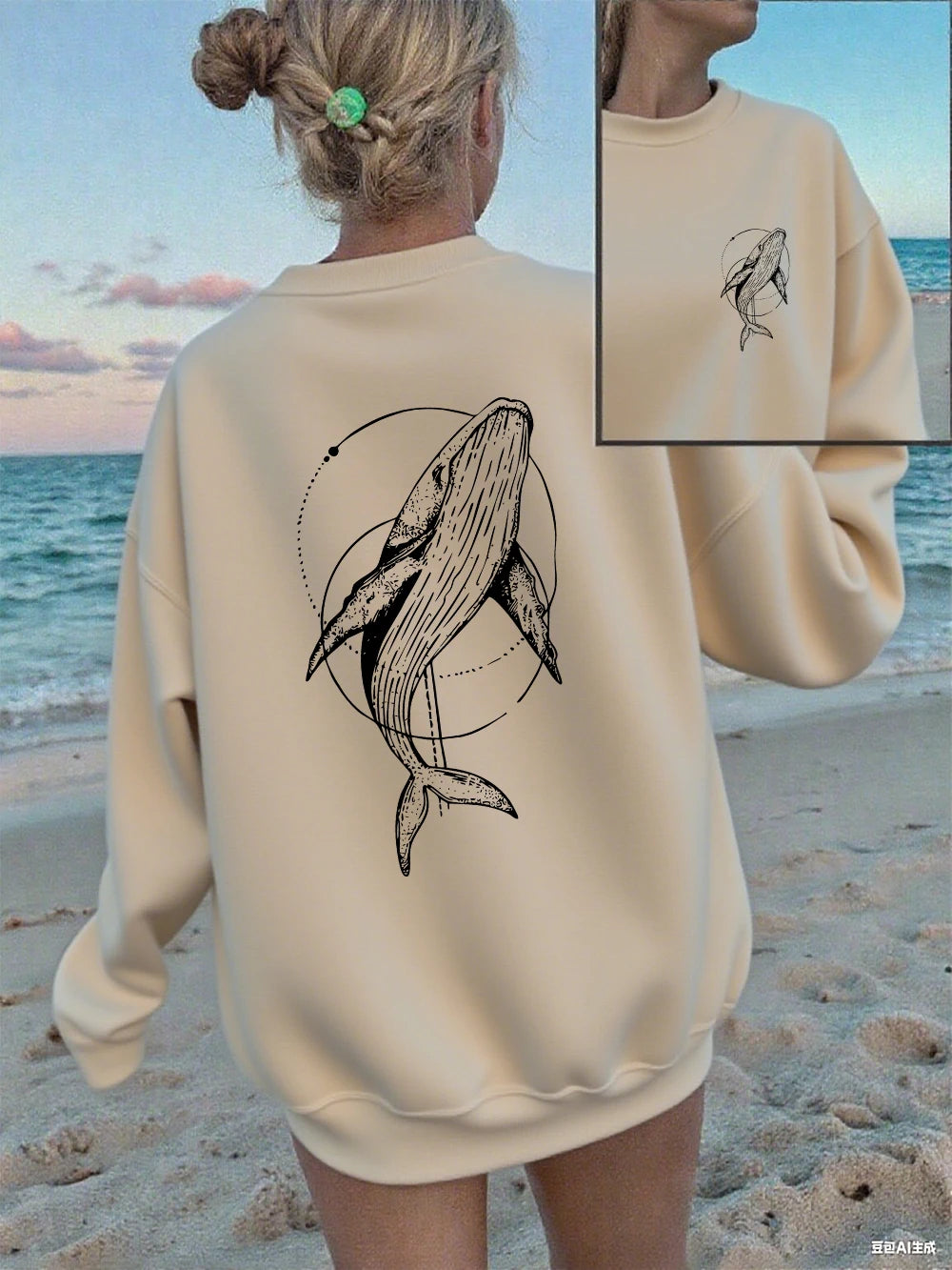 Humpback Whale Printing Sweatshirts Women Casual Crewneck Hoodies Winter Fleece Warm Pullover Loose Comfortable Womans Clothes.