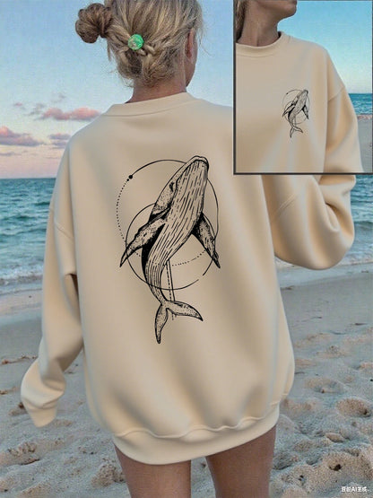 Humpback Whale Printing Sweatshirts Women Casual Crewneck Hoodies Winter Fleece Warm Pullover Loose Comfortable Womans Clothes.