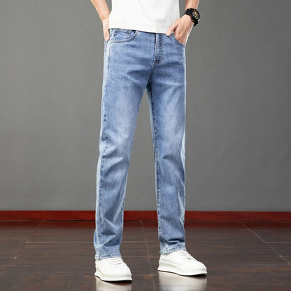 Spring Summer Thin Slim Fit Jeans Mens Elastic Straight Casual Business Denim Pants Washed Classic Brand Clothing Men Trousers.