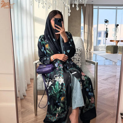 2025 Elegant Dubai Floral Print with Hijab Kimono Abaya Dress Luxury Saudi Arabia Muslim Women Islamic Middle East Turkey Robe.