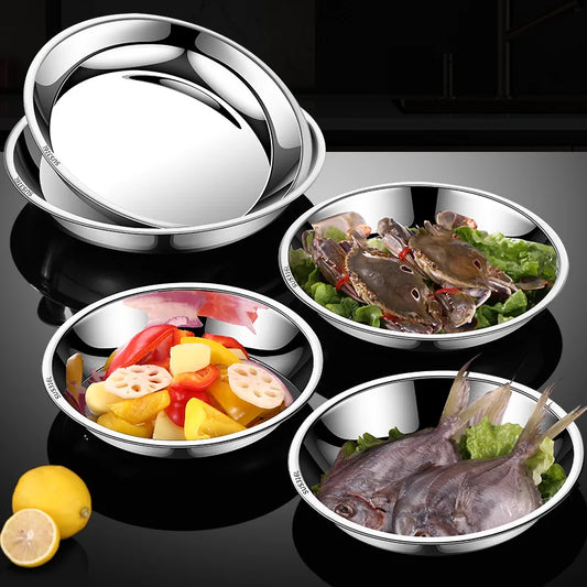 Thick Round 316 Stainless Steel Dinner Plate Food Grade Trays Salad Fruit Meal Pan Kitchen Steak Seafood Flat Cooking Bowls.
