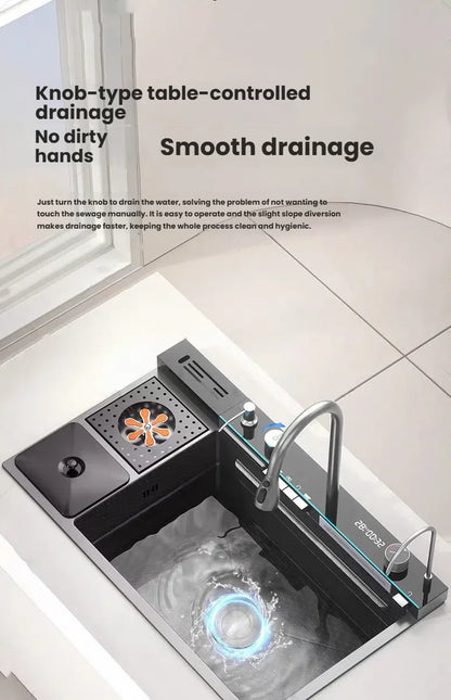 Smart Digital Display Waterfall Faucet Kitchen Sink With Knife Holder and Trash Can Household Wash Dish Basin Large Single Slot