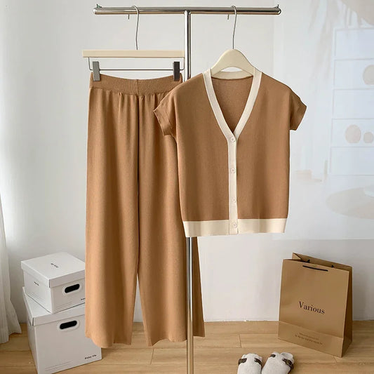 Fashion Knitted 2 Pieces Sets Women V-Neck Single Breasted Cardigan+High Waist Wide Leg Long Pants 2024 New Solid Sweater Suits.