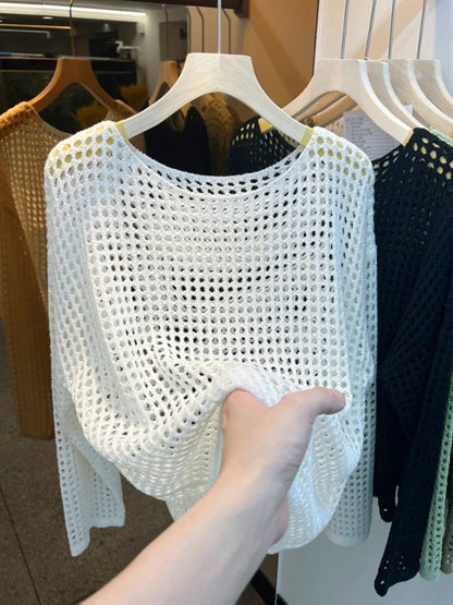 2025 Mesh Vintage Harajuku Langarm Frauen Pullover Koreanische Frühling Sommer Strickwaren Weiche Dünne Tops Chic Solide Femme Pullover.