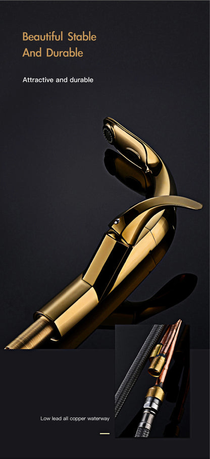 Luxury brass gold touch switch kitchen faucet pull-out design 1 hole single handle hot and cold water sink 2 function Mixer