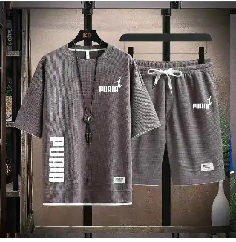 Summer 2025 Men's breathable fitness set, round-neck sports short-sleeved T-shirt + casual running shorts, 2-piece set, M-3XL.