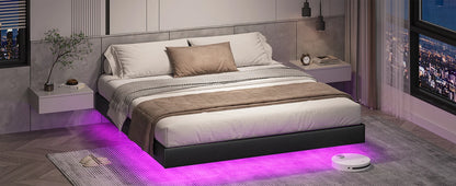 LED-beleuchtetes 180 x 200 cm großes Polsterbett mit Gestell, Gitterbettgestell, schwebender schwarzer Bettrahmen für Schlafzimmer