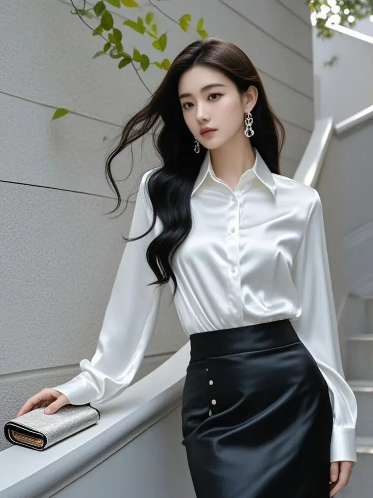 Elegant Silk Office Shirts Women Korean Fashion Y2k Clothes Slim Long Sleeve White Black Blusas Mujer Workwear Tops and Blouses.