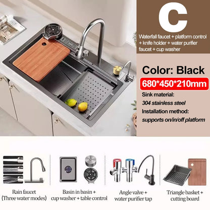 Kitchen Sink 304 Stainless Steel Rain Waterfall Single Trough Honeycomb Large Single Trough Washing Basin