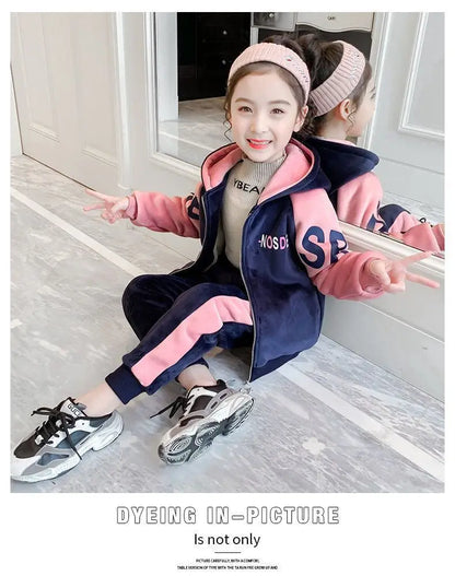 New Winter Keep Warm Girls Clothing Set Padded Lining With Plush Velent Hooded Jacket+Pants 2pcs Suit For 3-12 Years Kids