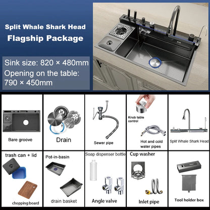 Stainless Steel Kitchen Sink With Waterfall Cup Washer Knife Rack Embossed Extra Large Single Slot Apartment Left Side Drainage