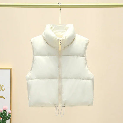 Herbst Winter Kurze Baumwolle Weste Elegante Solide Zipper Ärmel Stehkragen Warme Stepp Weste Mäntel Reise Jacke Im Freien