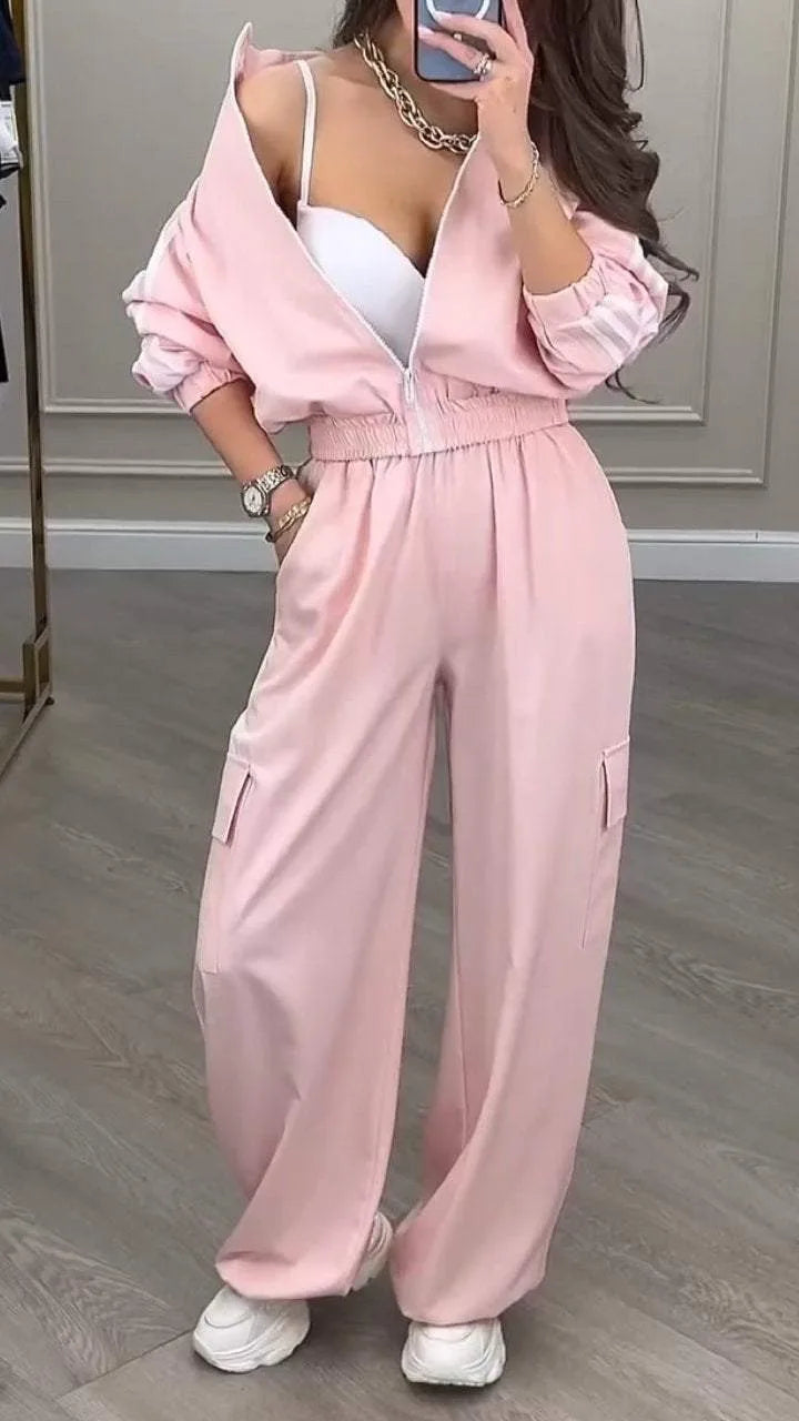 Sports Trousers Loose White Casual Women's Set Fashion Zipper High-waisted Hoodie + Wide-leg Overalls 2-piece Sweatshirt Suit.