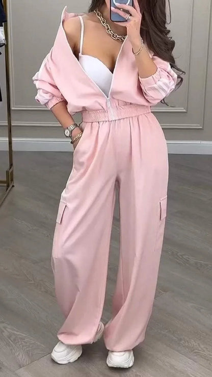 Sports Trousers Loose White Casual Women's Set Fashion Zipper High-waisted Hoodie + Wide-leg Overalls 2-piece Sweatshirt Suit.