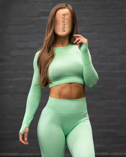 Noennamenull Women's Long Sleeve Yoga Set Seamless Knit Fitness Clothing Quick Dry Export Quality Cross Body Top.