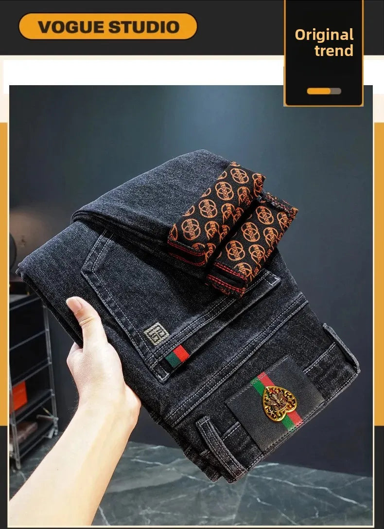 Gestickte Slim-Fit-Jeans mit geradem Bein, High-End-Freizeithose für Herren, durchgehender Bodendruck, dehnbar, trendige Marken-Freizeitjeans.