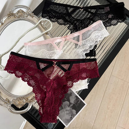 SP&CITY Thin Lace Embroidery Sexy Thongs Love Metal Transparent Women's Underwear Soft Cotton Crotch Hollow Out Panties Tanga.