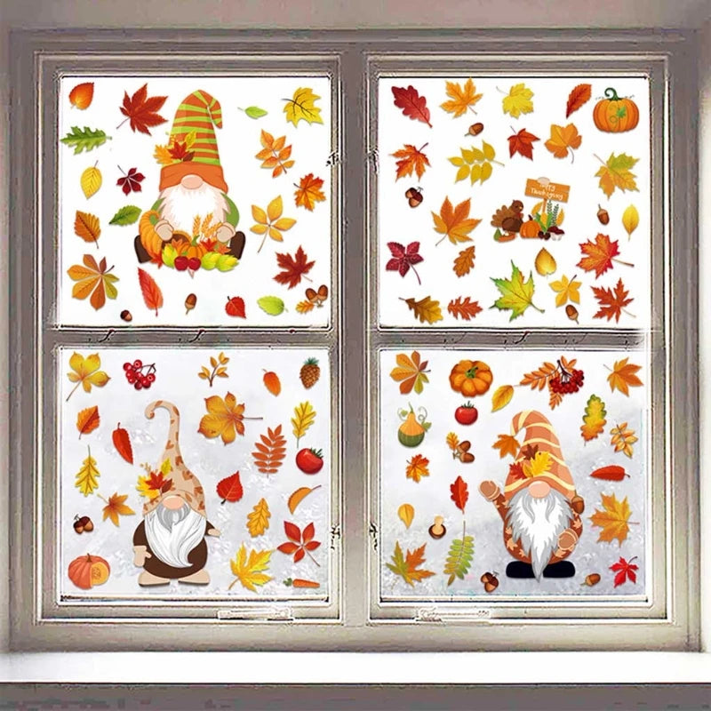 6 Sheets Autumn Thanksgiving Gnomes Window Clings Decal Fall Pumpkin Maple Leaf Electrostatic Stickers Wall Decor X3UC.