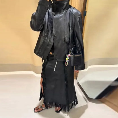 Street PU Leather Loose Jacket Women Fashion Solid Full Sleeve Stand Collar Single Breasted Coats Female 2025 Autumn Lady Coat